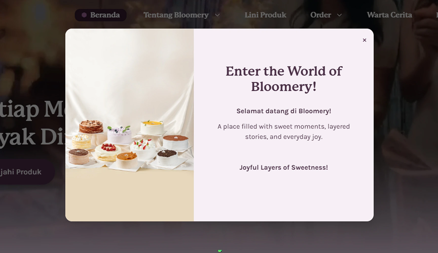 Bloomery homepage welcome modal